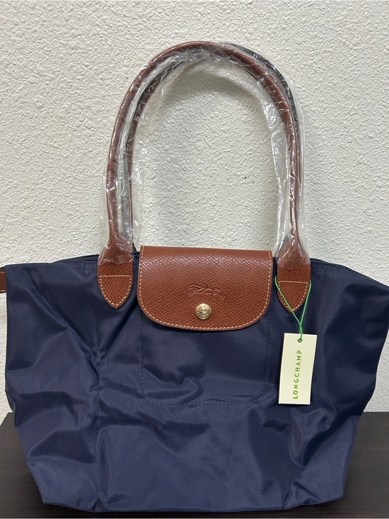 Longchamp Handbags - Longchamp Navy with Brown Leather Le Pliage Small Tote